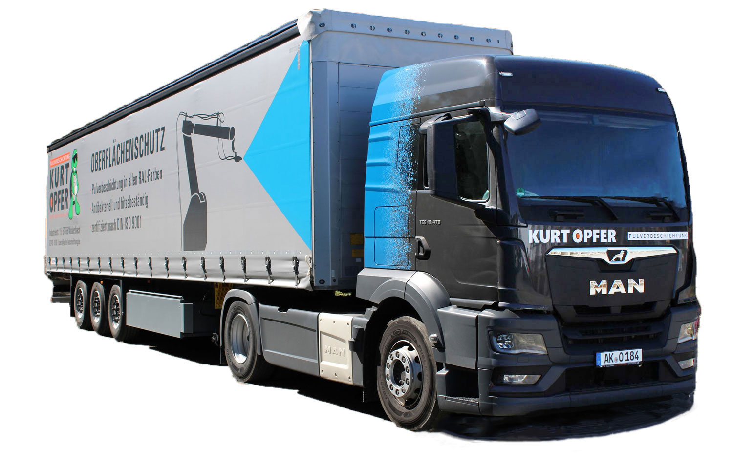 Sattelzug für Transport von pulverbeschichteten Bauteilen